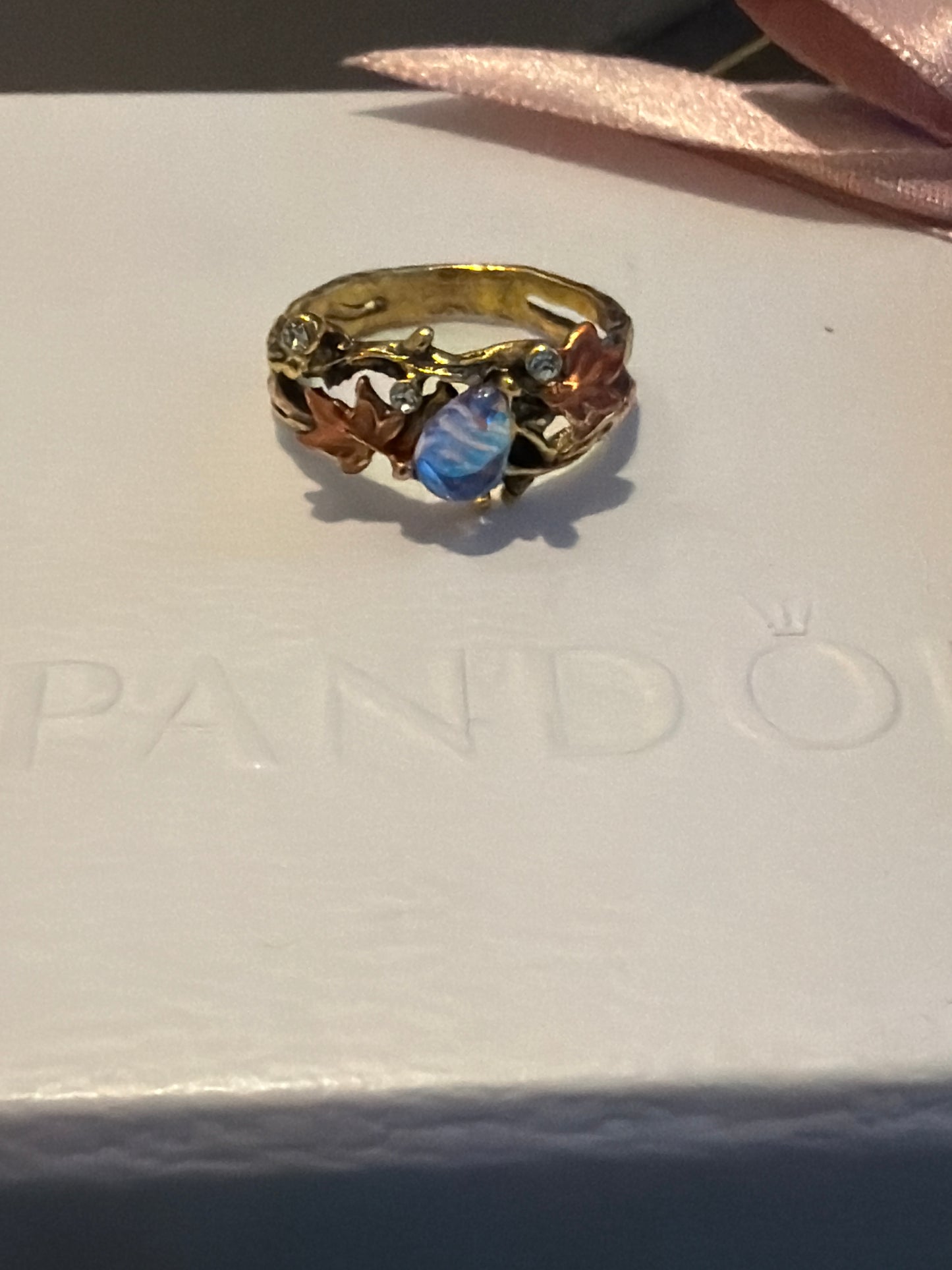 Sterling Silver Gold Plated Autumn Leaf Opal Nature Ring 58