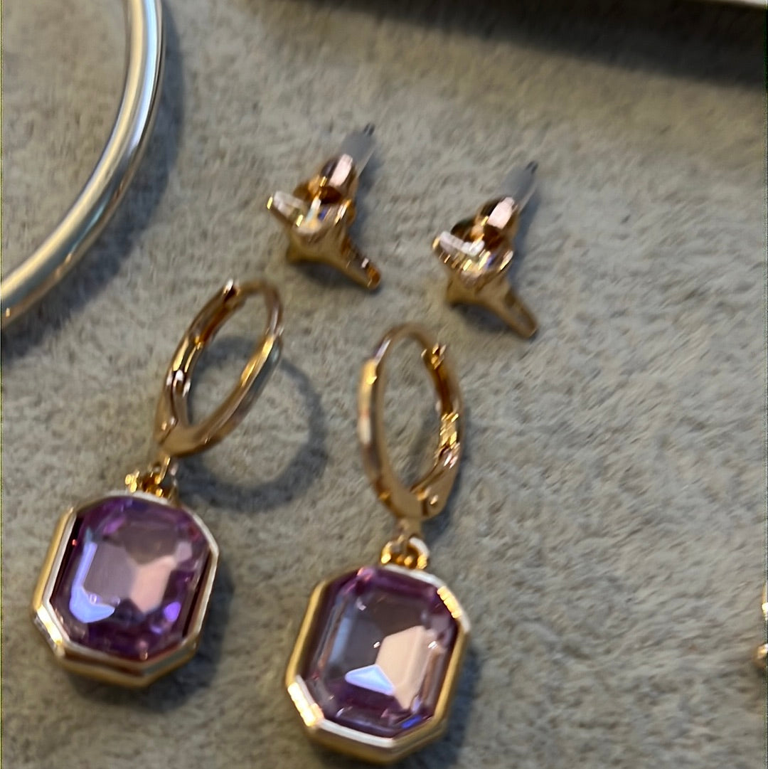 Brand New Gold Plated Pink Rectangle Dangle Earrings and Star Stud Set