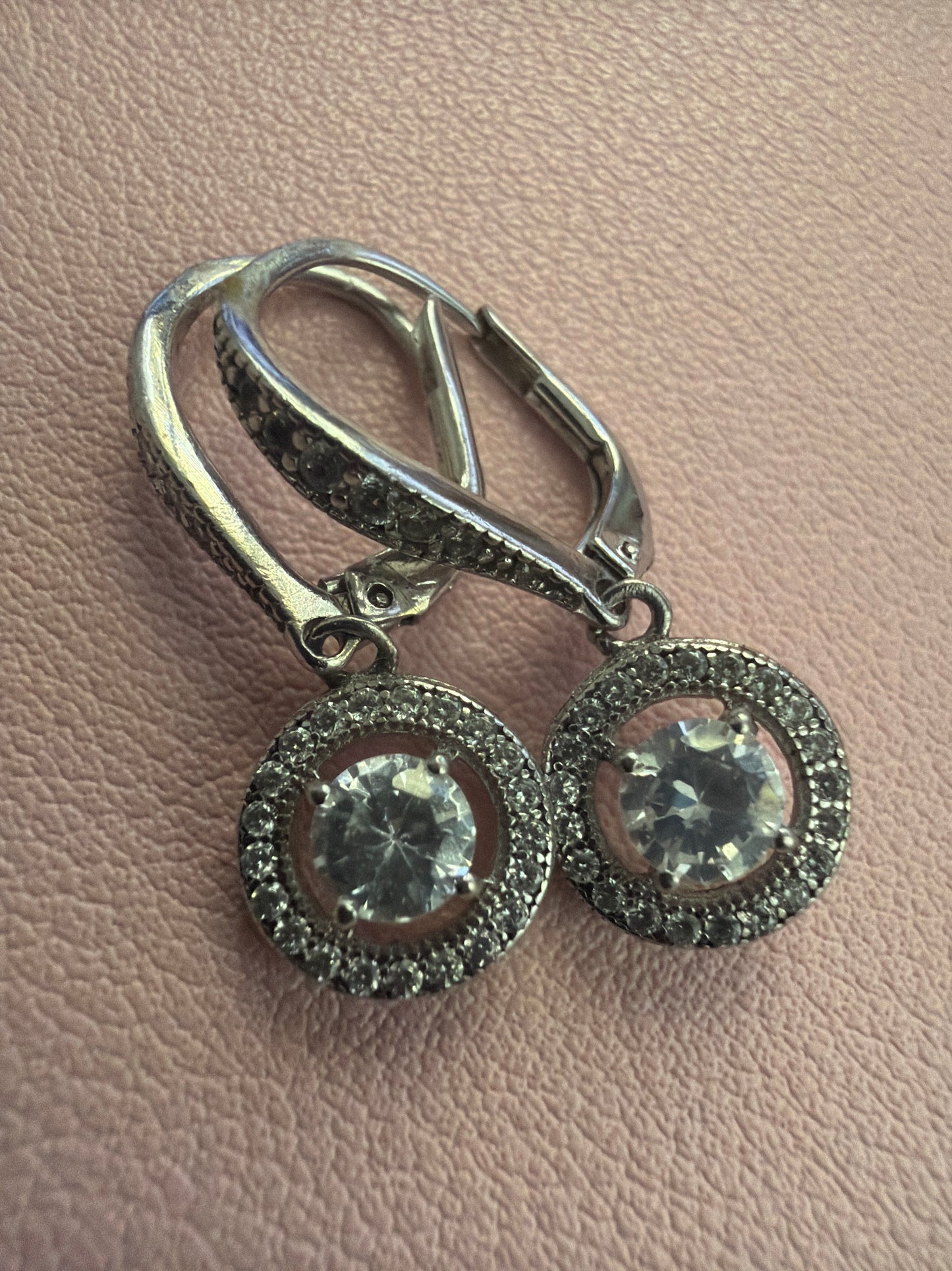 Sterling Silver Double Circle Cz Dangle Hoop Earrings