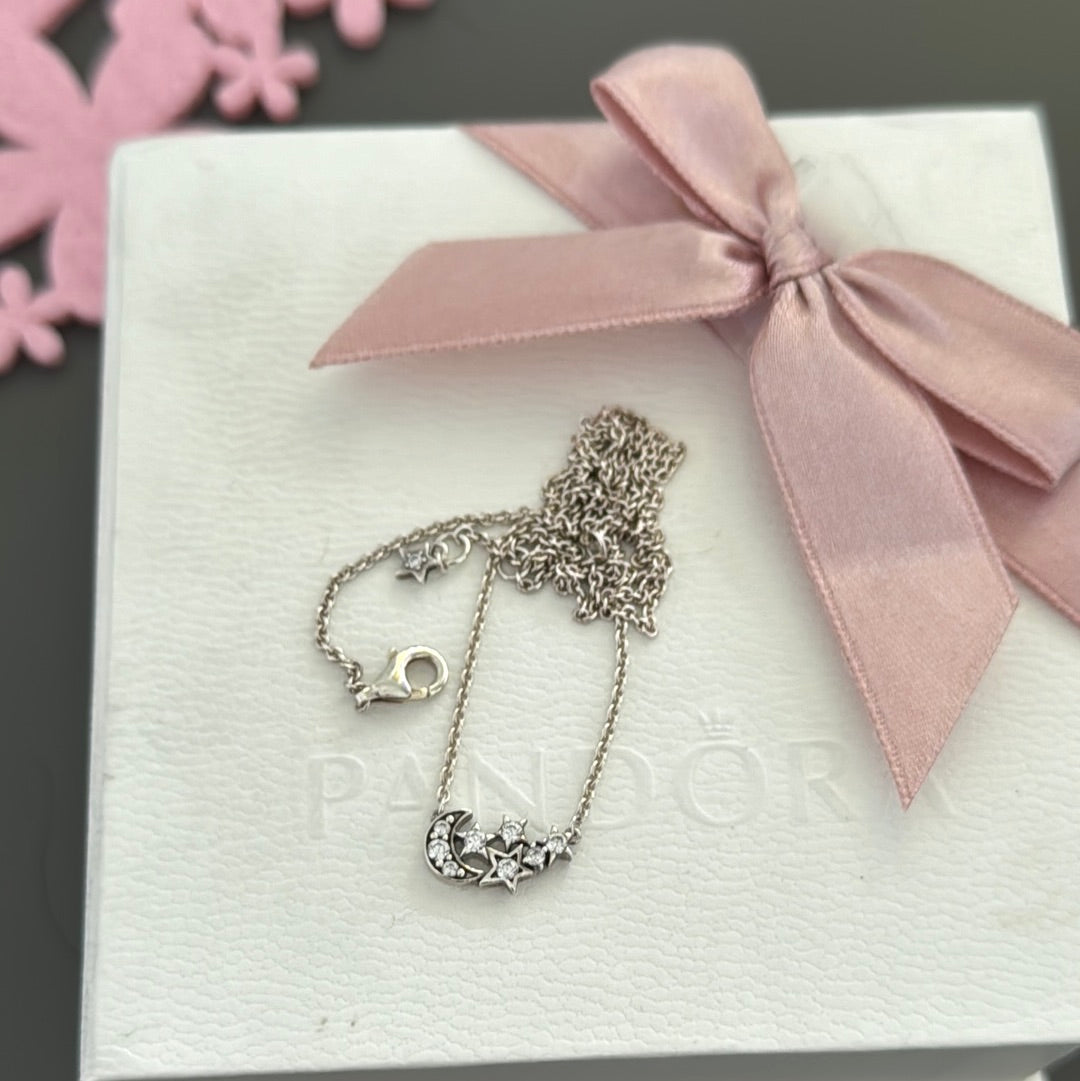 Genuine Pandora Sparkling Moon & Star Collier Necklace 45cm