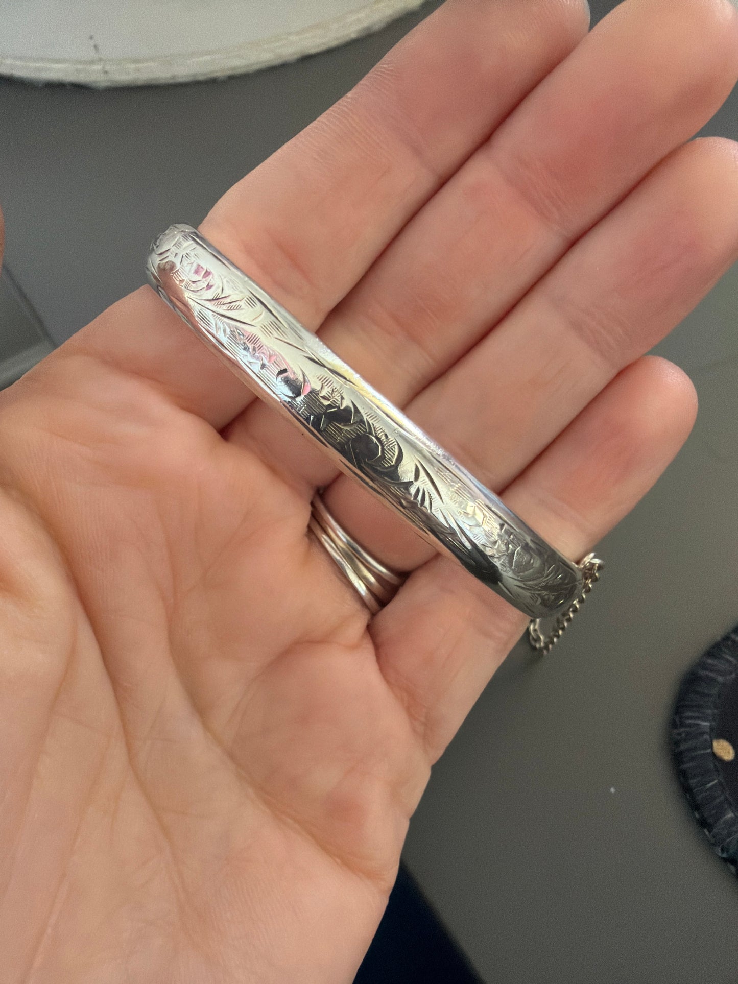 Sterling Silver Antique Hinged Floral Bracelet Bangle With Safety Chain