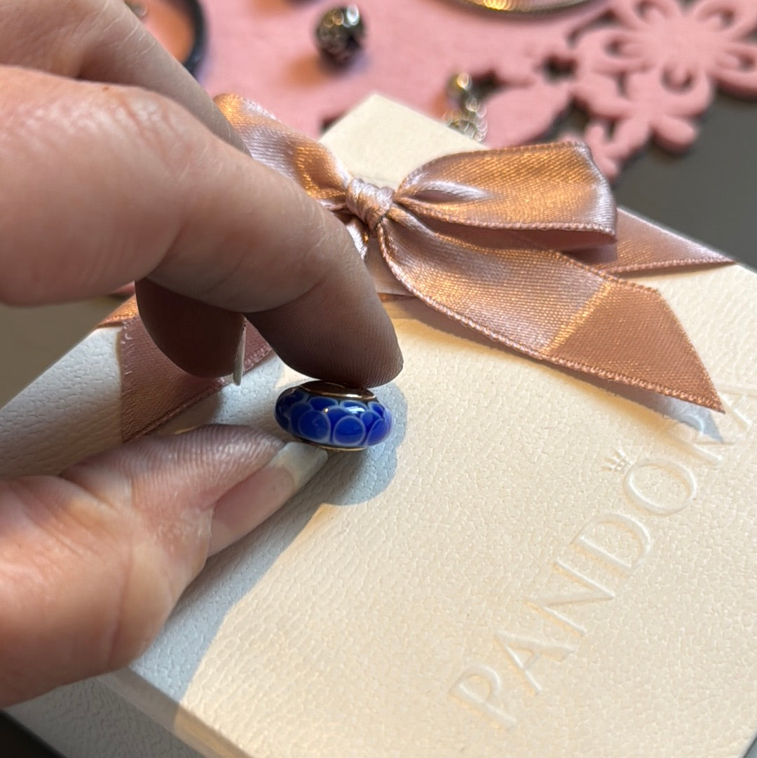 Genuine Pandora Solid 14ct Gold Blue Lotus Murano Charm HTF