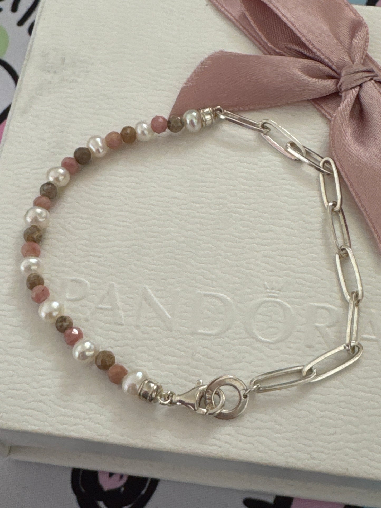 Genuine Thomas Sabo Pearl and Gemstone & Link Paperclip 19cm Bracelet