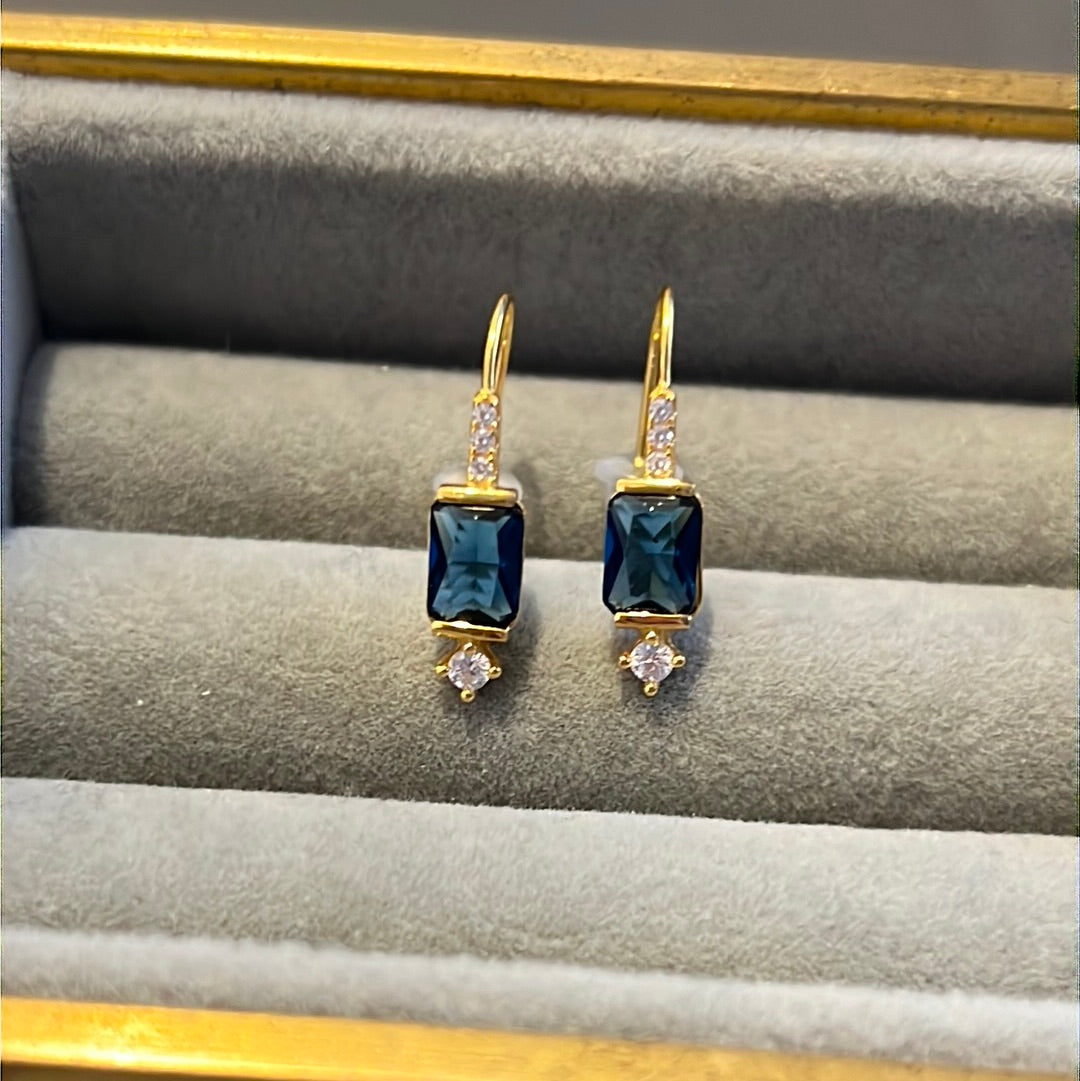 Brand New Sterling Silver Gold Plated Pave Clear & Blue Dangle Earrings