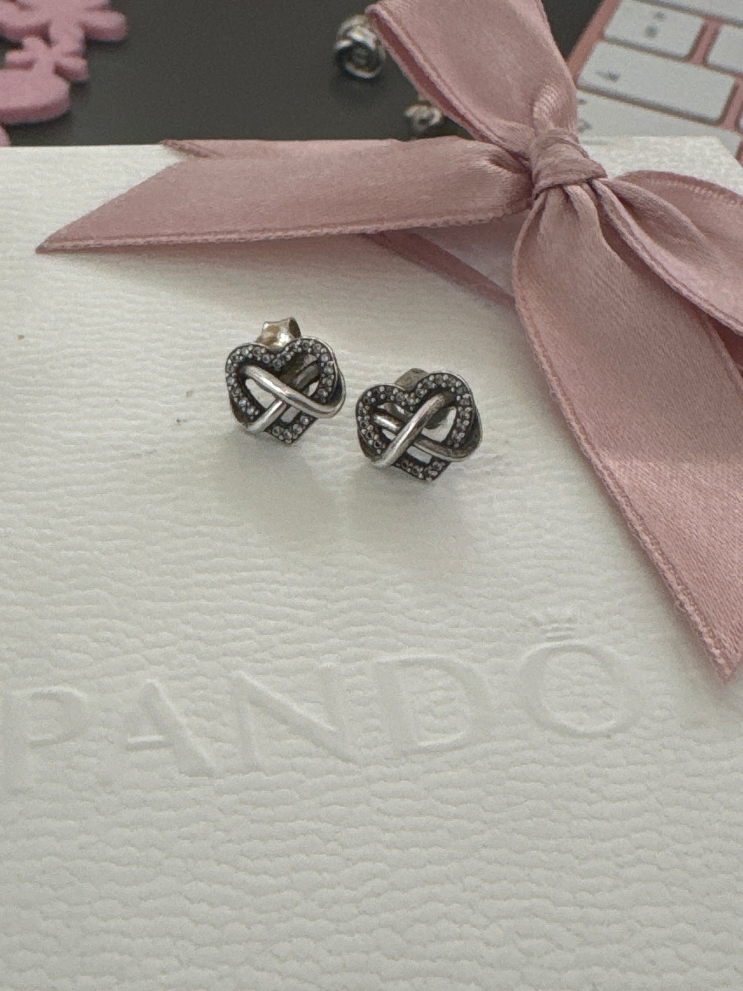 Genuine Pandora Clear Pave Infinity Heart Studs Earrings
