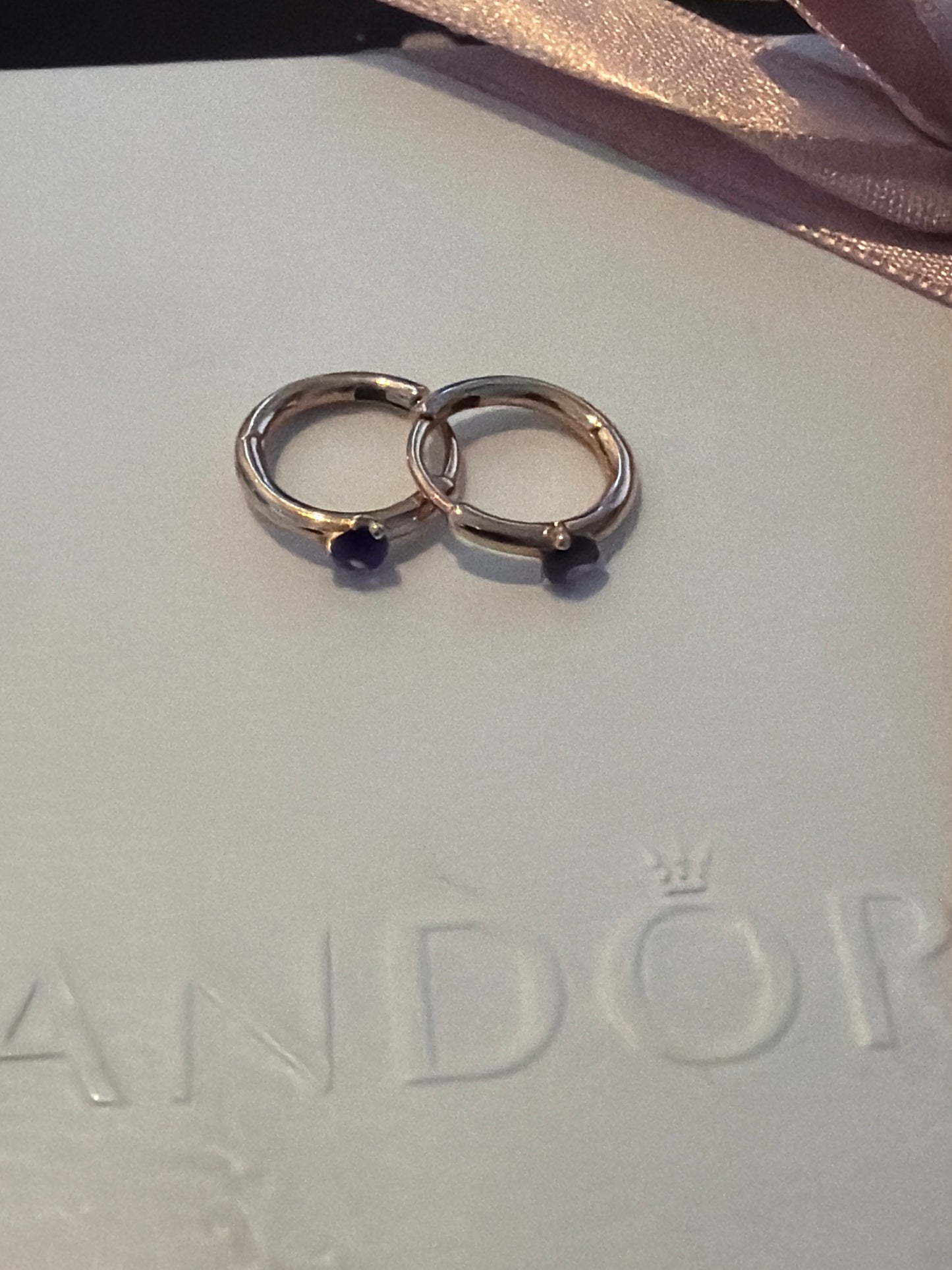 Genuine Pandora Rose Gold Purple CZ Hoop Earrings