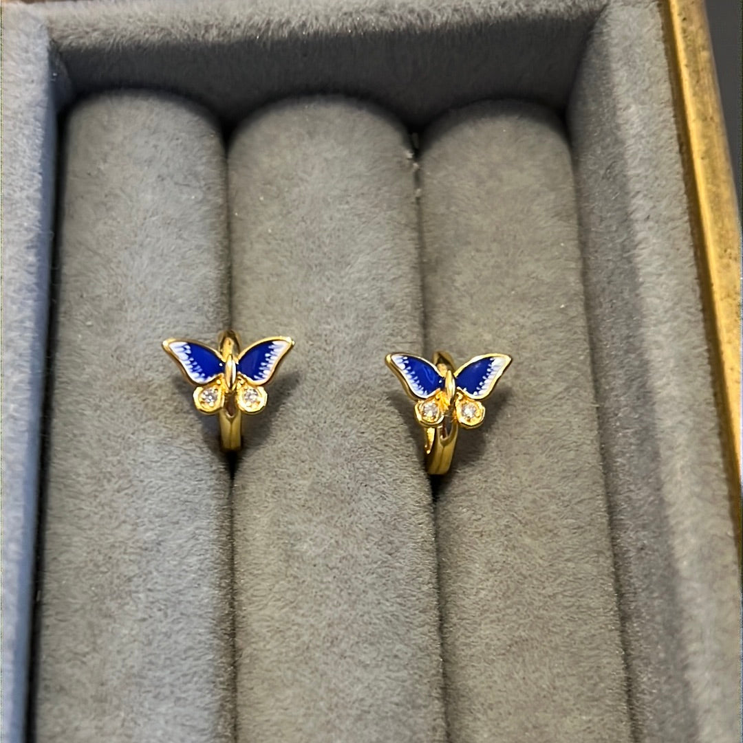 Brand New Gold Plated Small Hoop Earrings With Blue Pave Enamel Butterflies