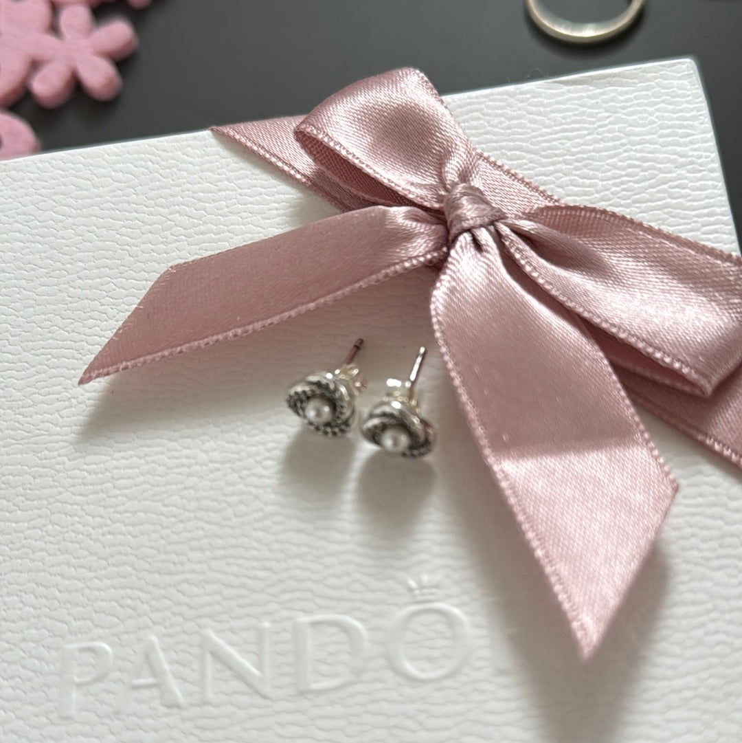 Genuine Pandora Pave Flower Pearl Earrings Studs
