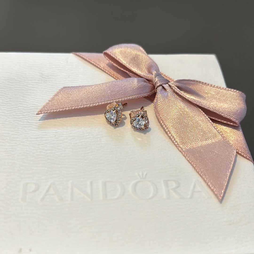 Genuine Pandora Rose Gold CZ Clear Heart Earrings Studs