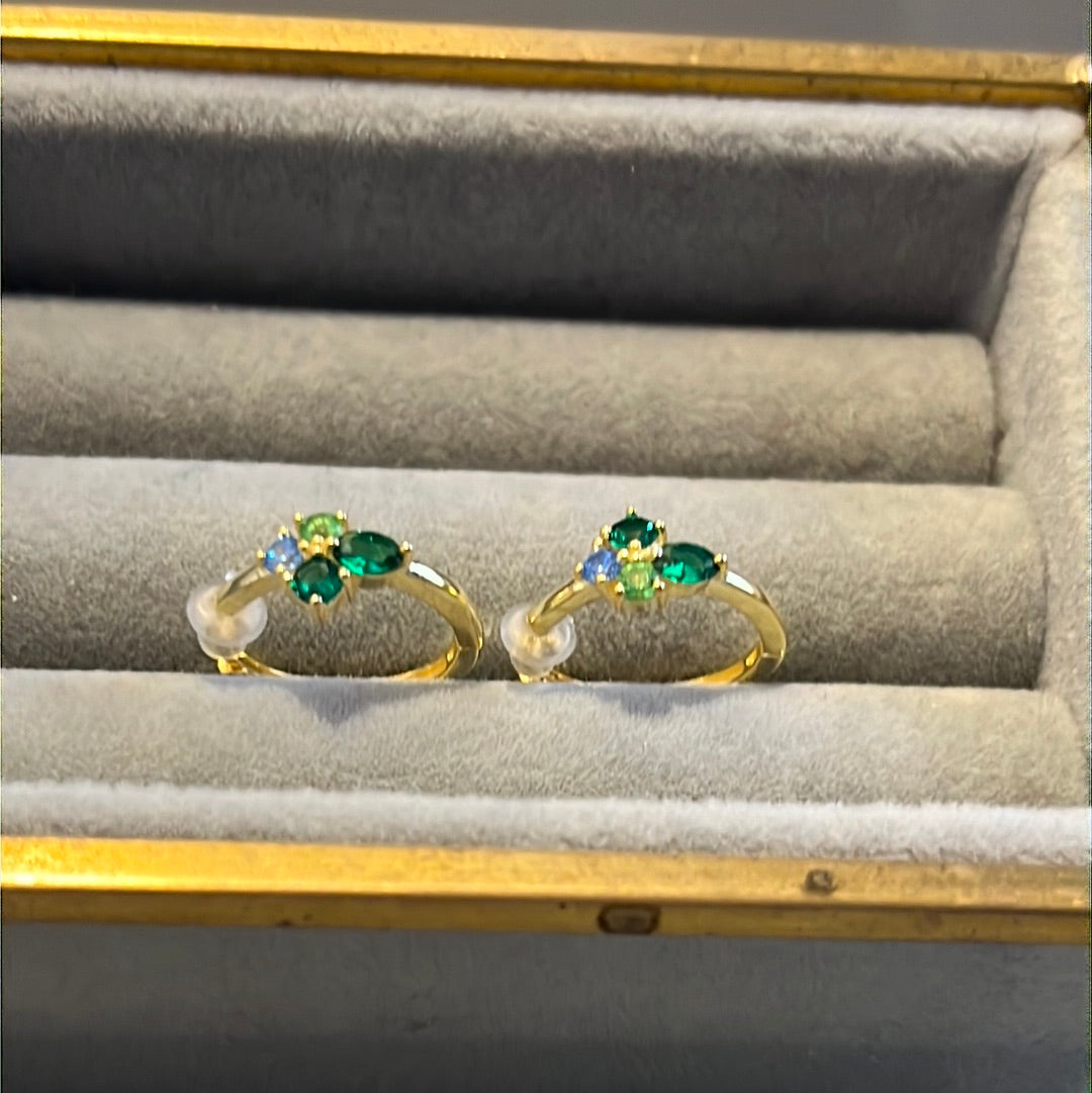 Brand New Gold Plated Green CZ Clover Hoop Earrings