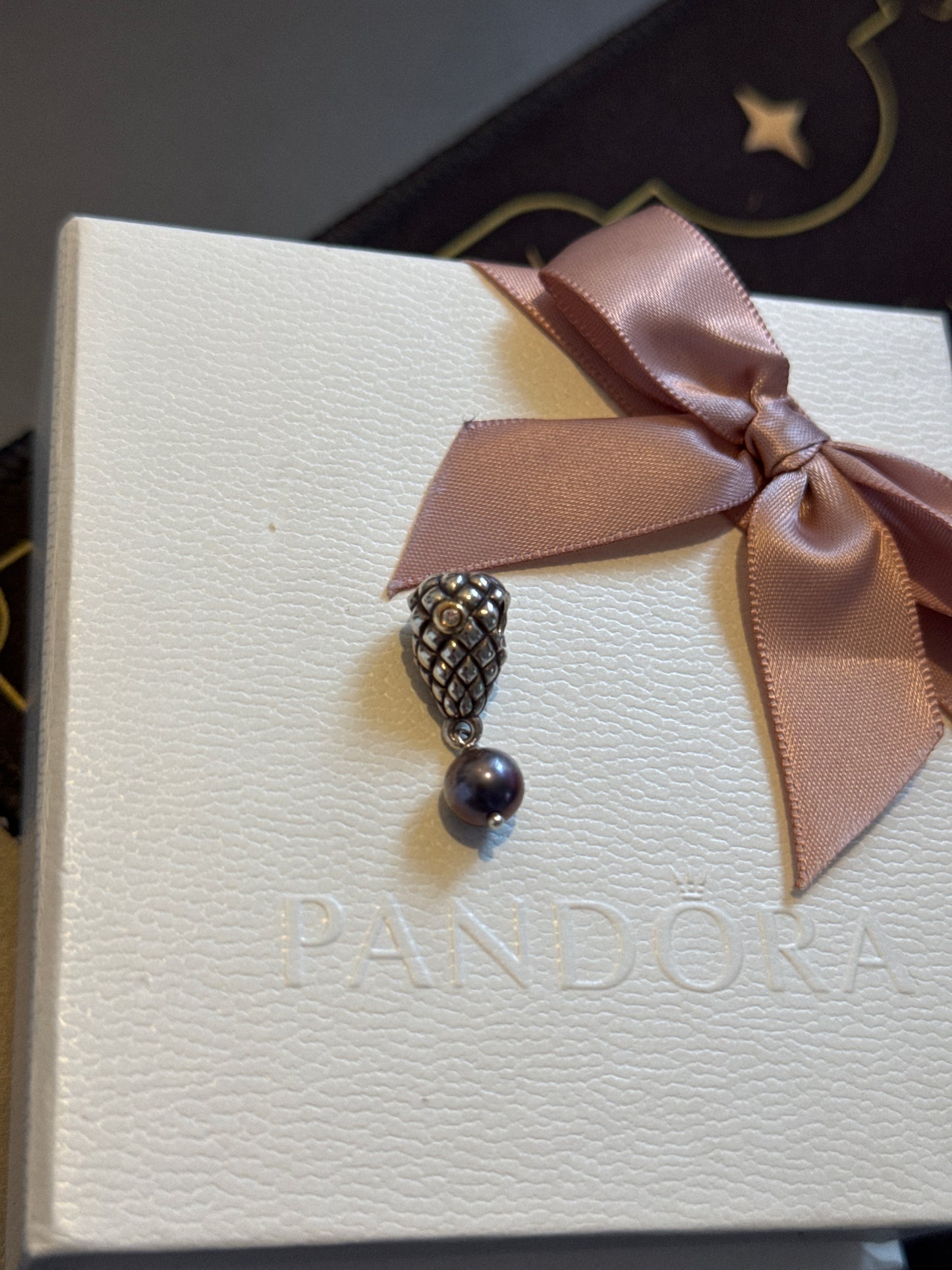 Genuine Pandora Rare Retired Grapes Diamond Two Tone Charm With Pearl Dangle