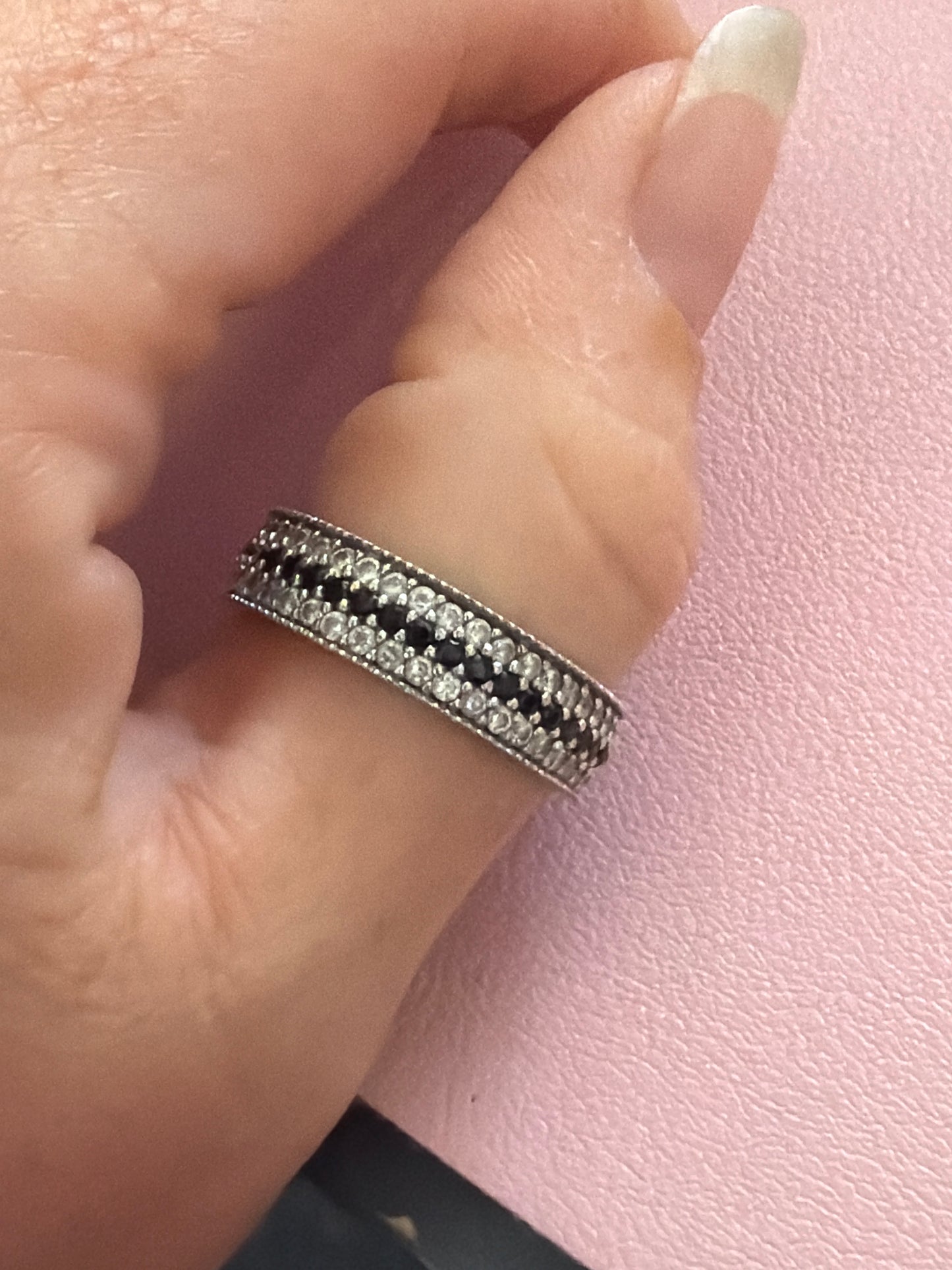 Sterling SIlver Pave Clear & Black Line Ring 64