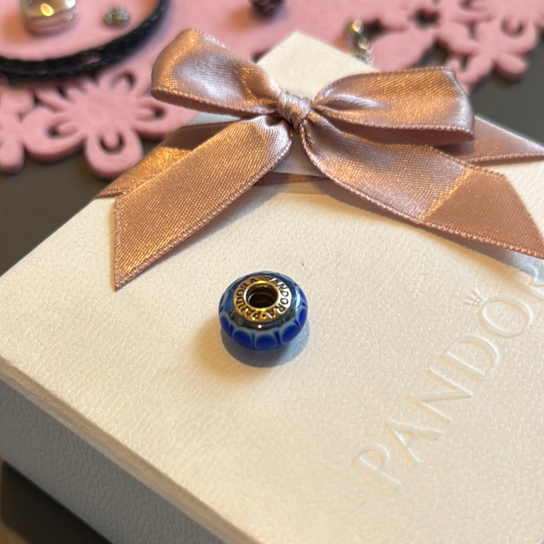 Genuine Pandora Solid 14ct Gold Blue Lotus Murano Charm HTF
