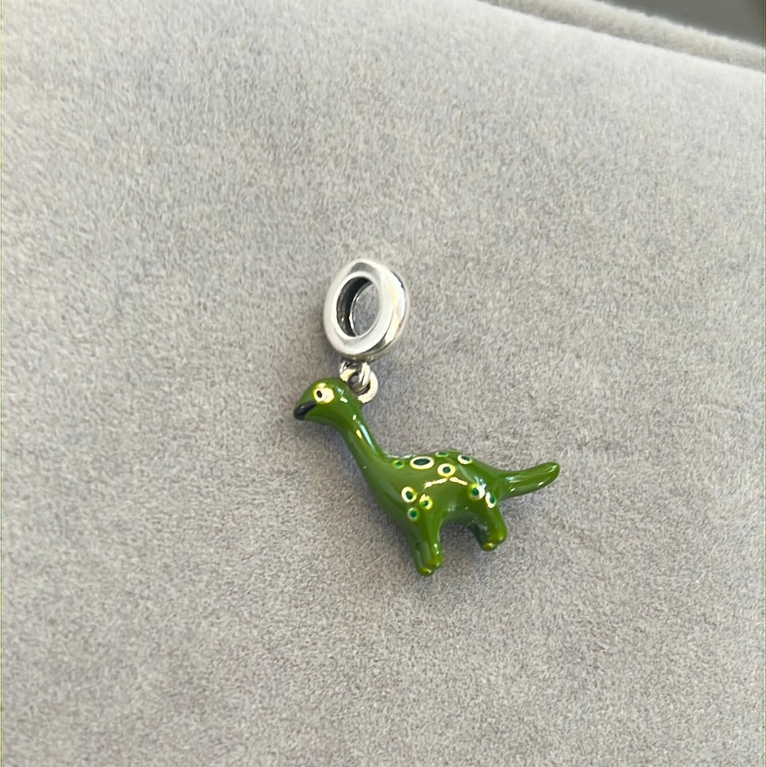 Sterling Silver Enamel Dark Green Dinosaur Diplodocus Dangle Charm
