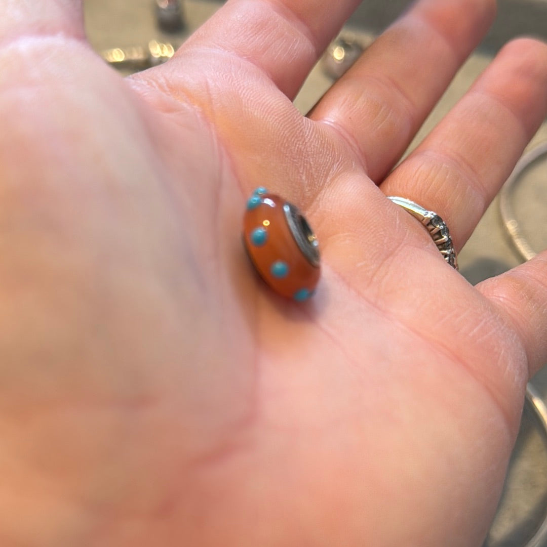 Genuine Pandora Orange Seeing Spots Murano Charm with Baby Blue Spots