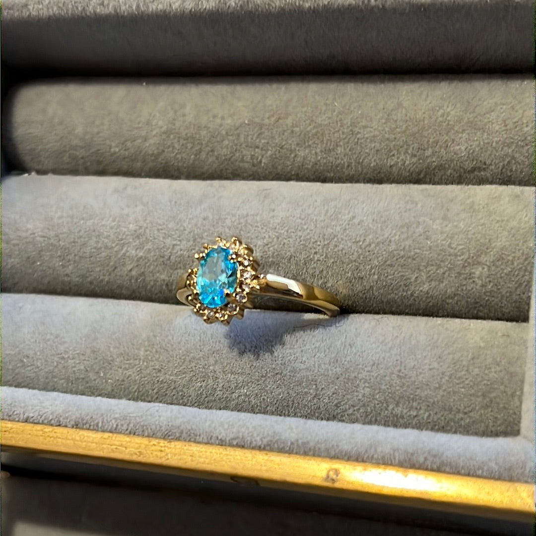 Brand New Gold Plated Pave Light Blue Oval CZ Heart Ring 54