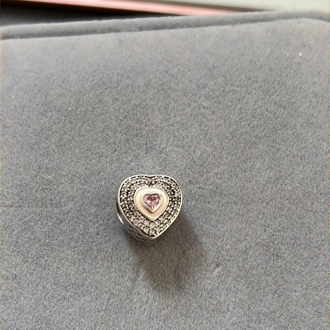 Sterling Silver Pave Heart With Pink Stone in Middle Charm