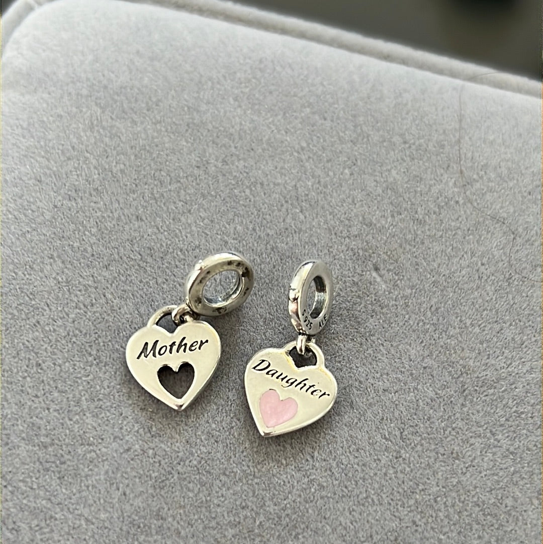 Genuine Pandora Mother & Daughter Heart Dangle Charms PAIR