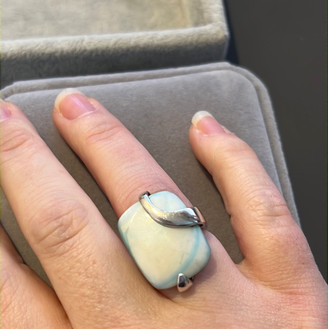Sterling Silver White and Blue Large Oval Statement Ring 54