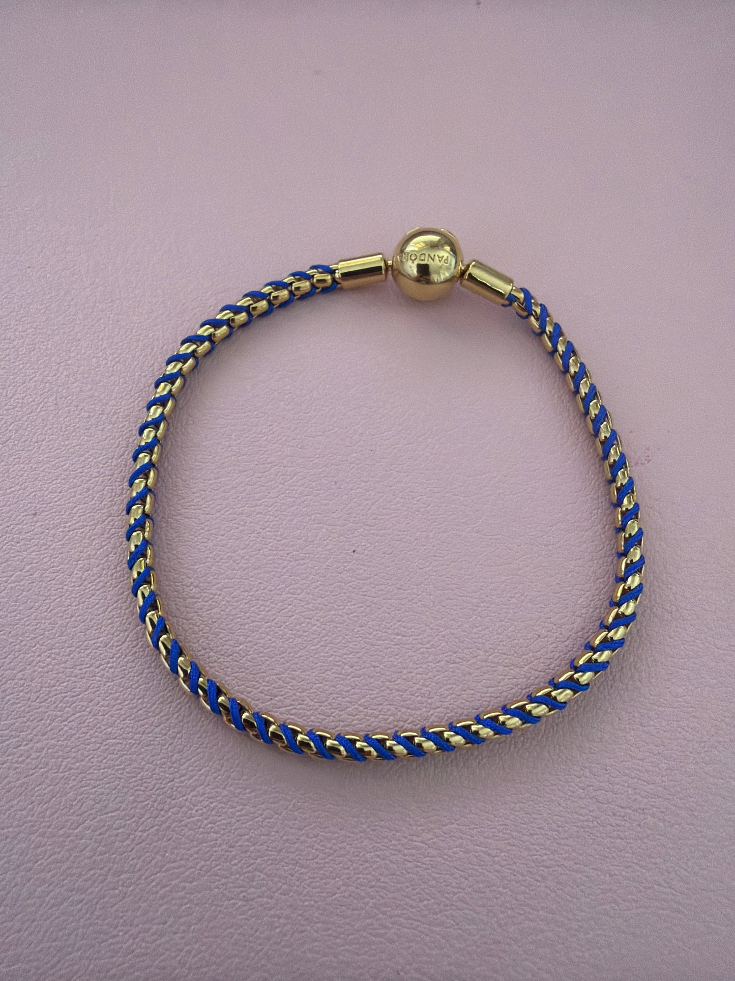 Genuine Pandora Moments Shine Gold and Blue Cord Box Plait Bracelet 19cm