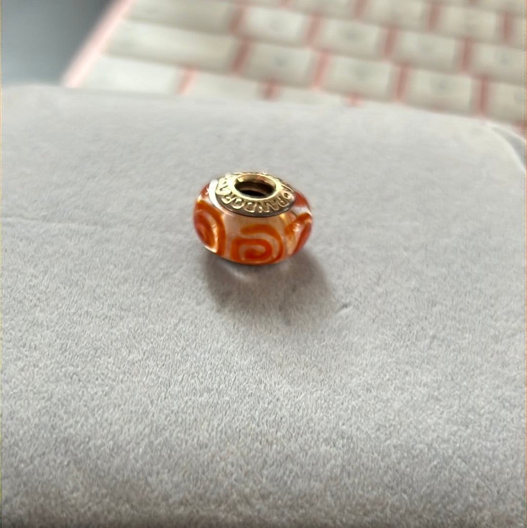 Genuine Pandora Solid 14ct Gold Orange Spiral Murano Charm HTF