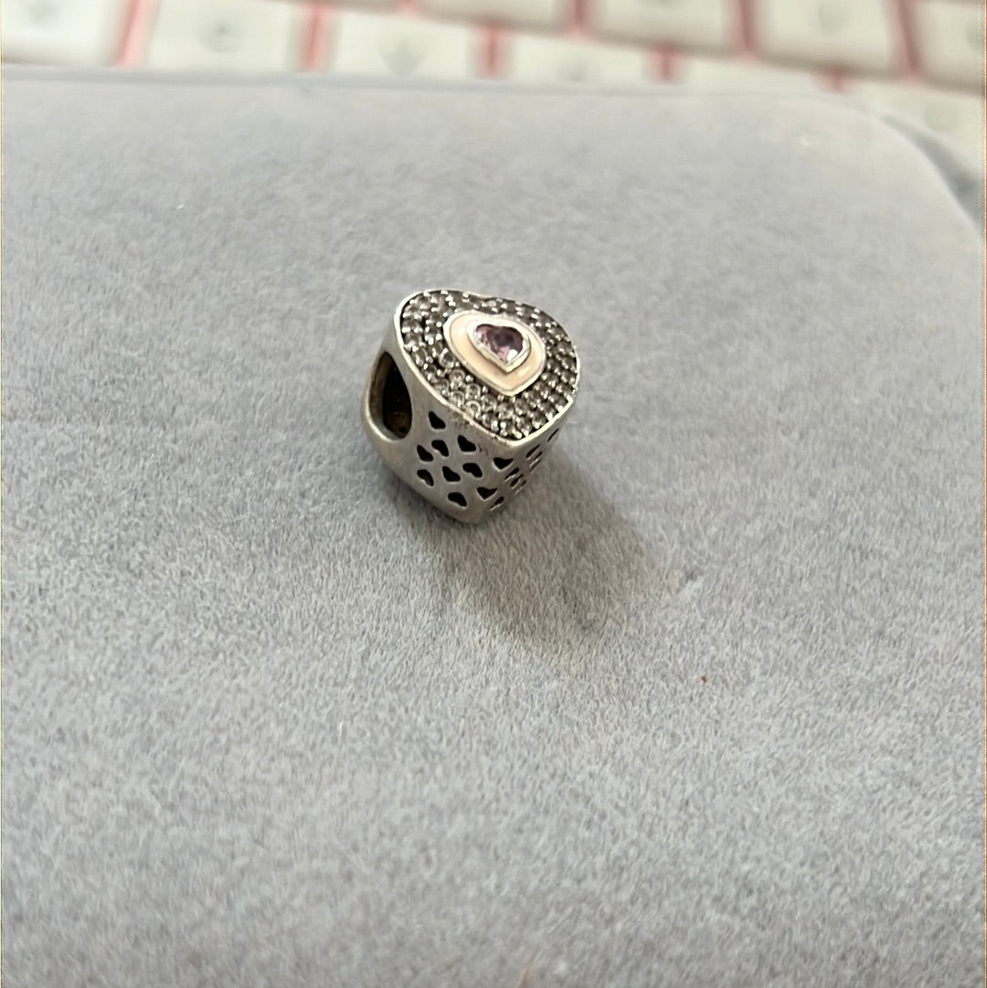 Sterling Silver Pave Heart With Pink Stone in Middle Charm