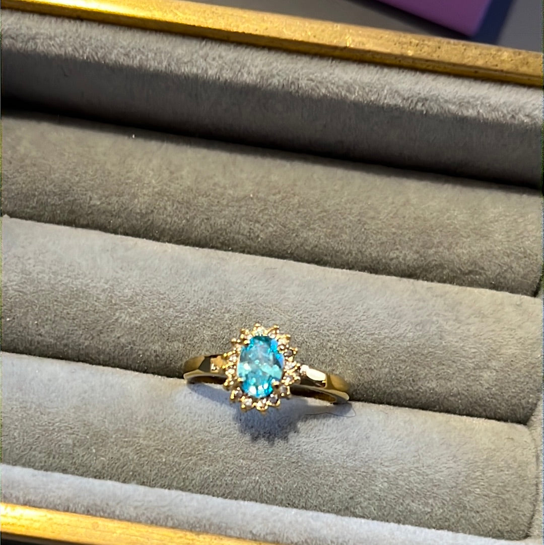 Brand New Gold Plated Pave Light Blue Oval CZ Heart Ring 54