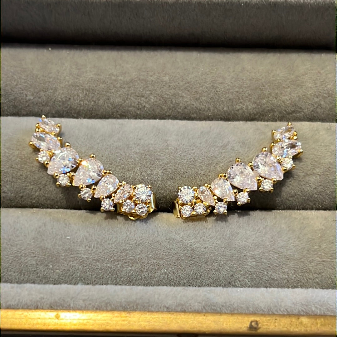 Brand New Sterling Silver Gold Plated Pave Cz Clear Large Creeper Stud Earrings