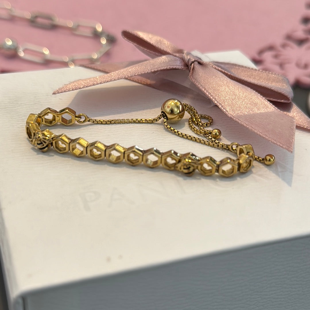 Genuine Pandora Shine Gold Plated Honeycomb Bee Slider Bracelet Adjustable