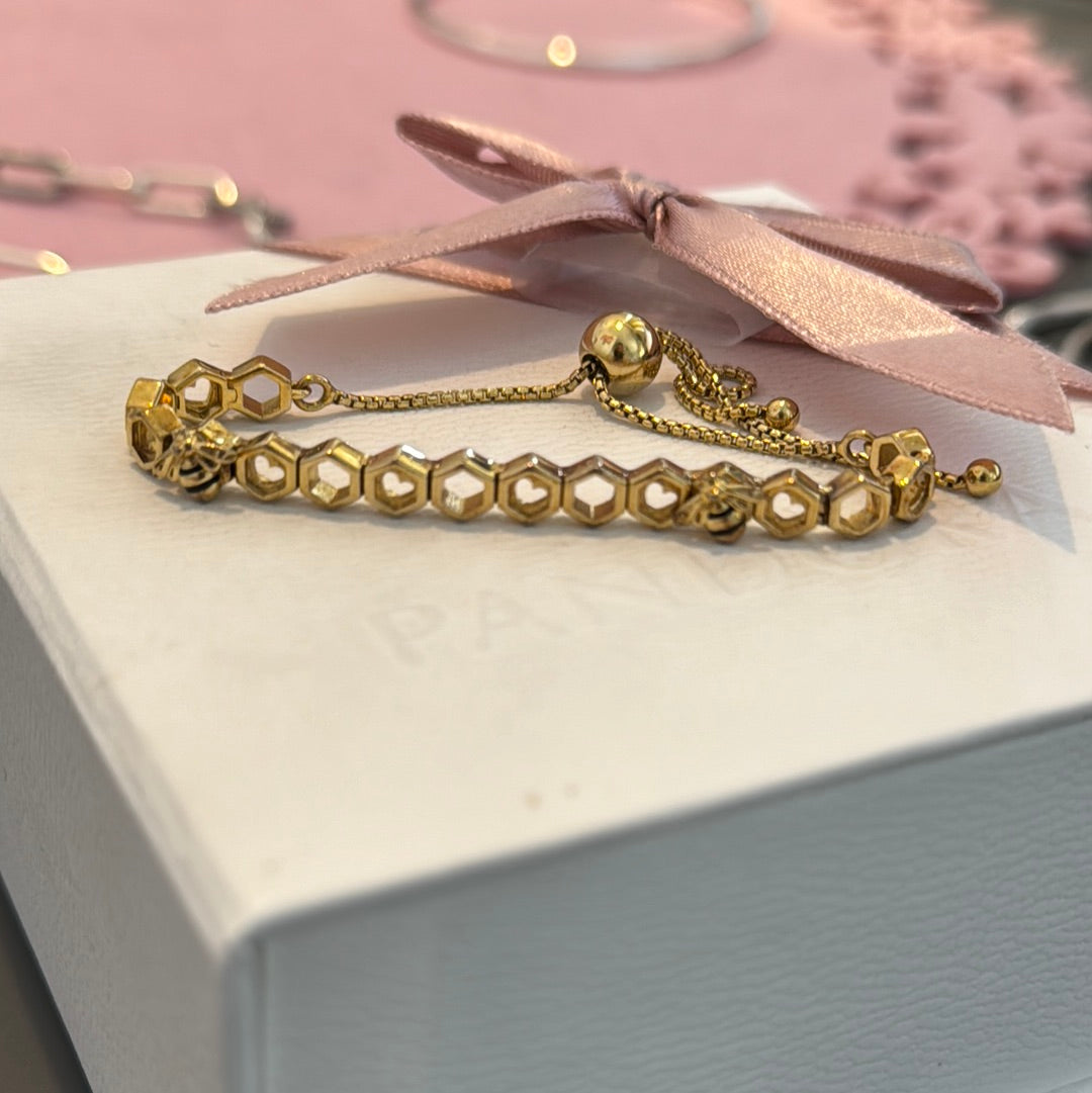 Genuine Pandora Shine Gold Plated Honeycomb Bee Slider Bracelet Adjustable