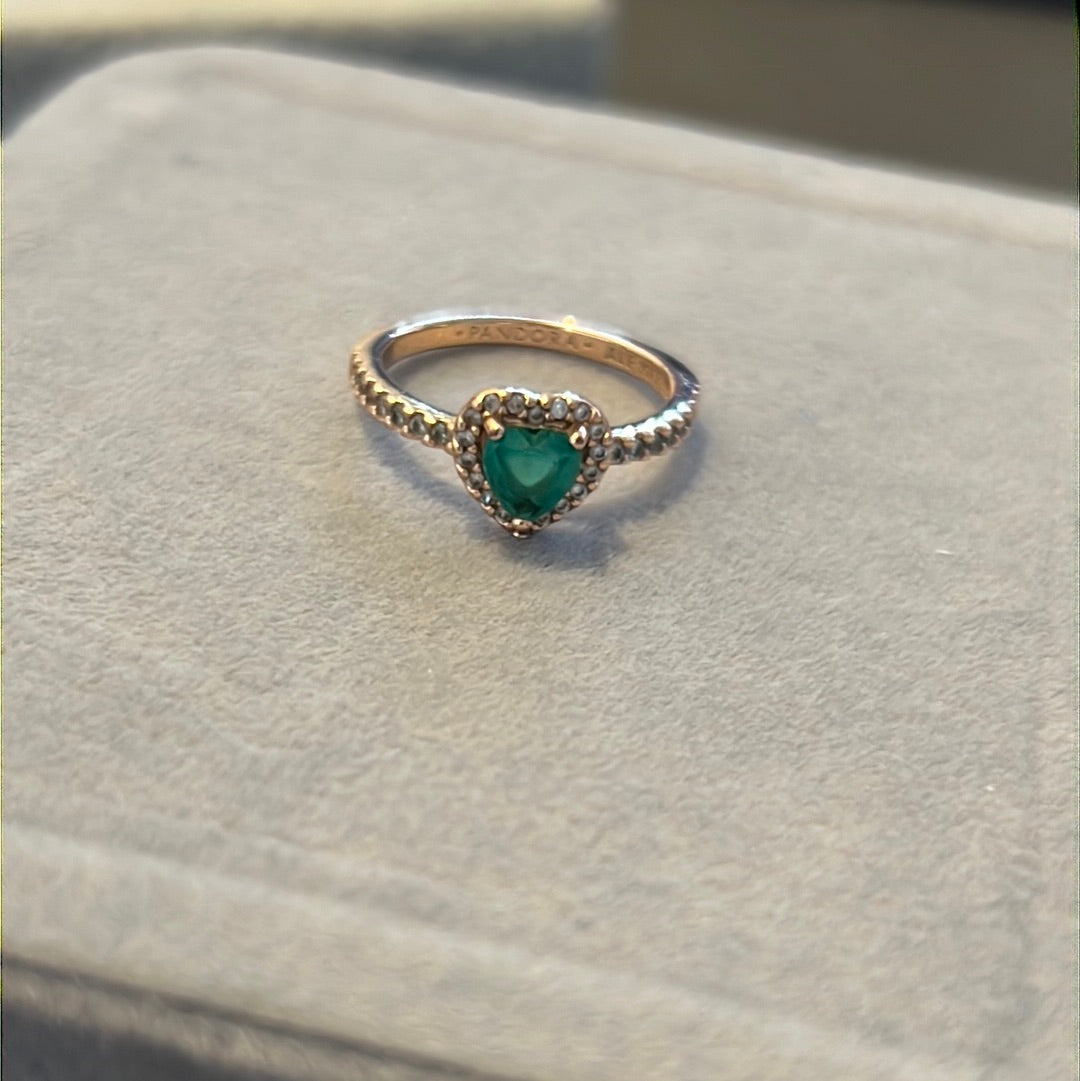 Genuine Pandora Rose Gold Pave Green Stone Heart Ring Beautiful