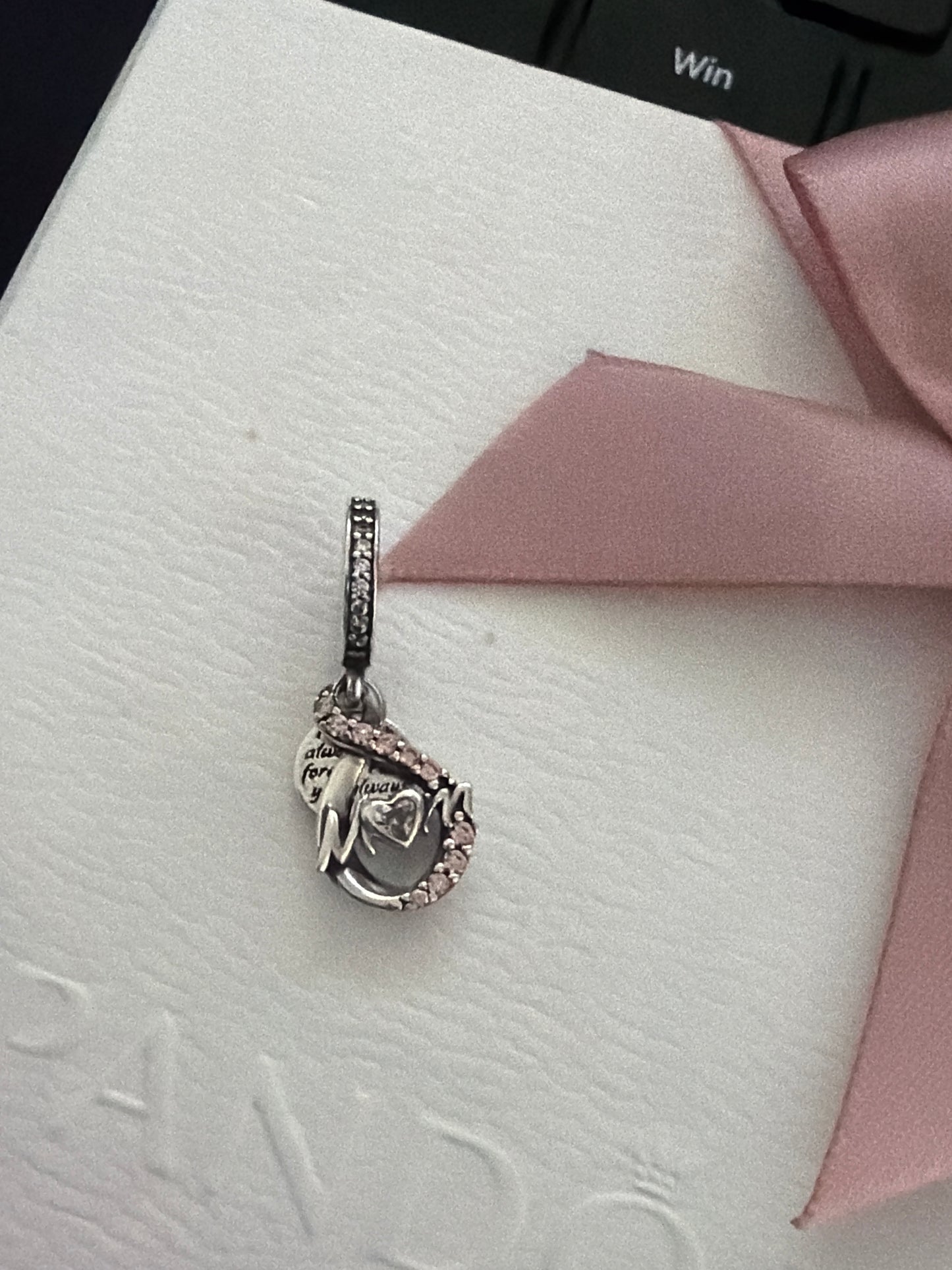 Genuine Pandora Mum I Love You Forever and Always Heart Pink Pave Dangle Charm