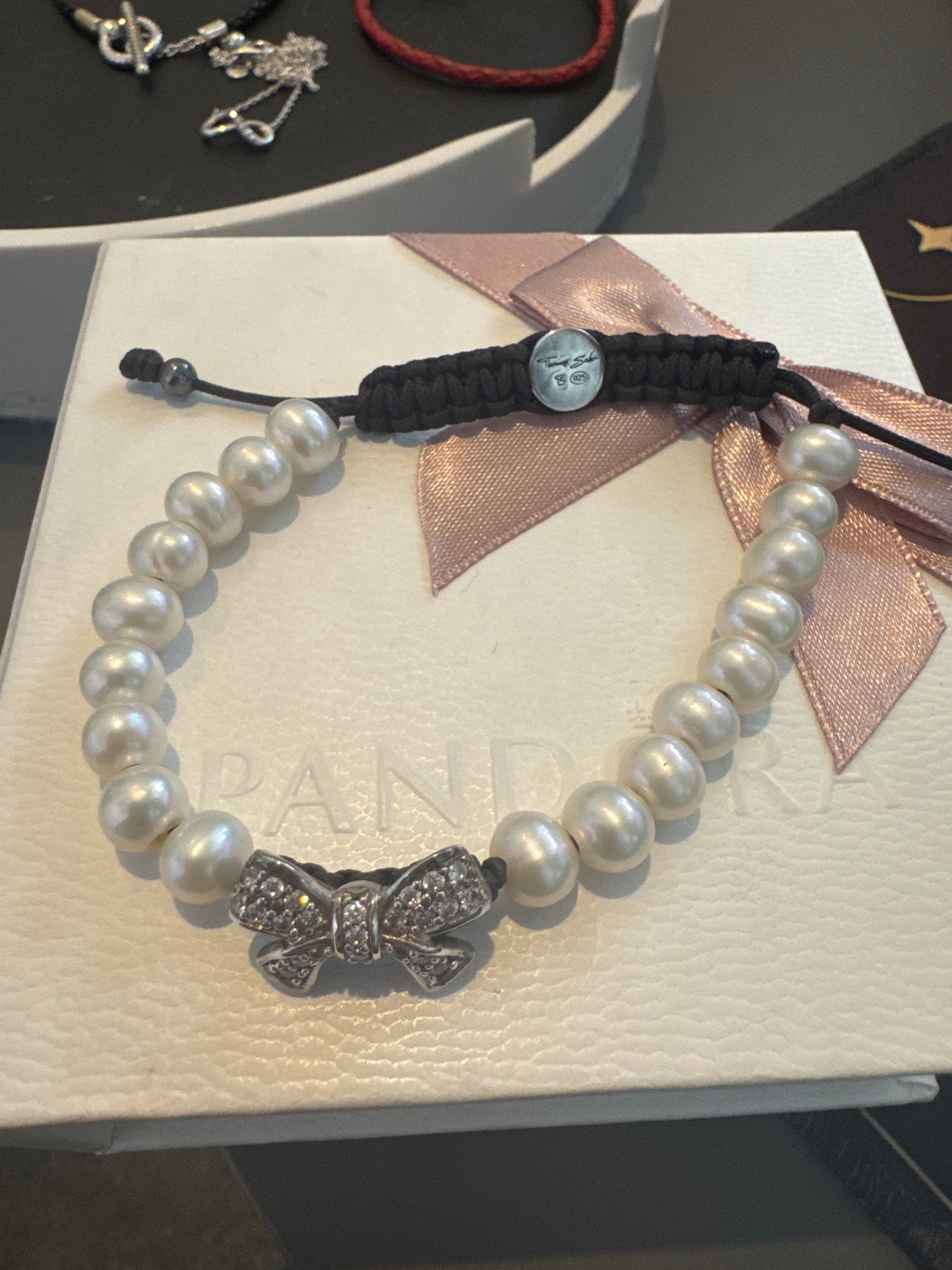 Genuine Thomas Sabo Freshwater Pearl Pave Bow Adjustable Bracelet