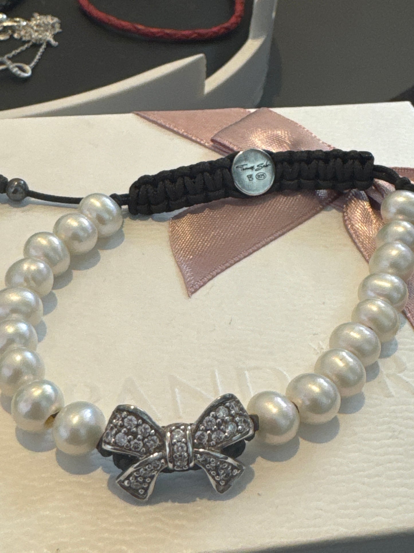 Genuine Thomas Sabo Freshwater Pearl Pave Bow Adjustable Bracelet