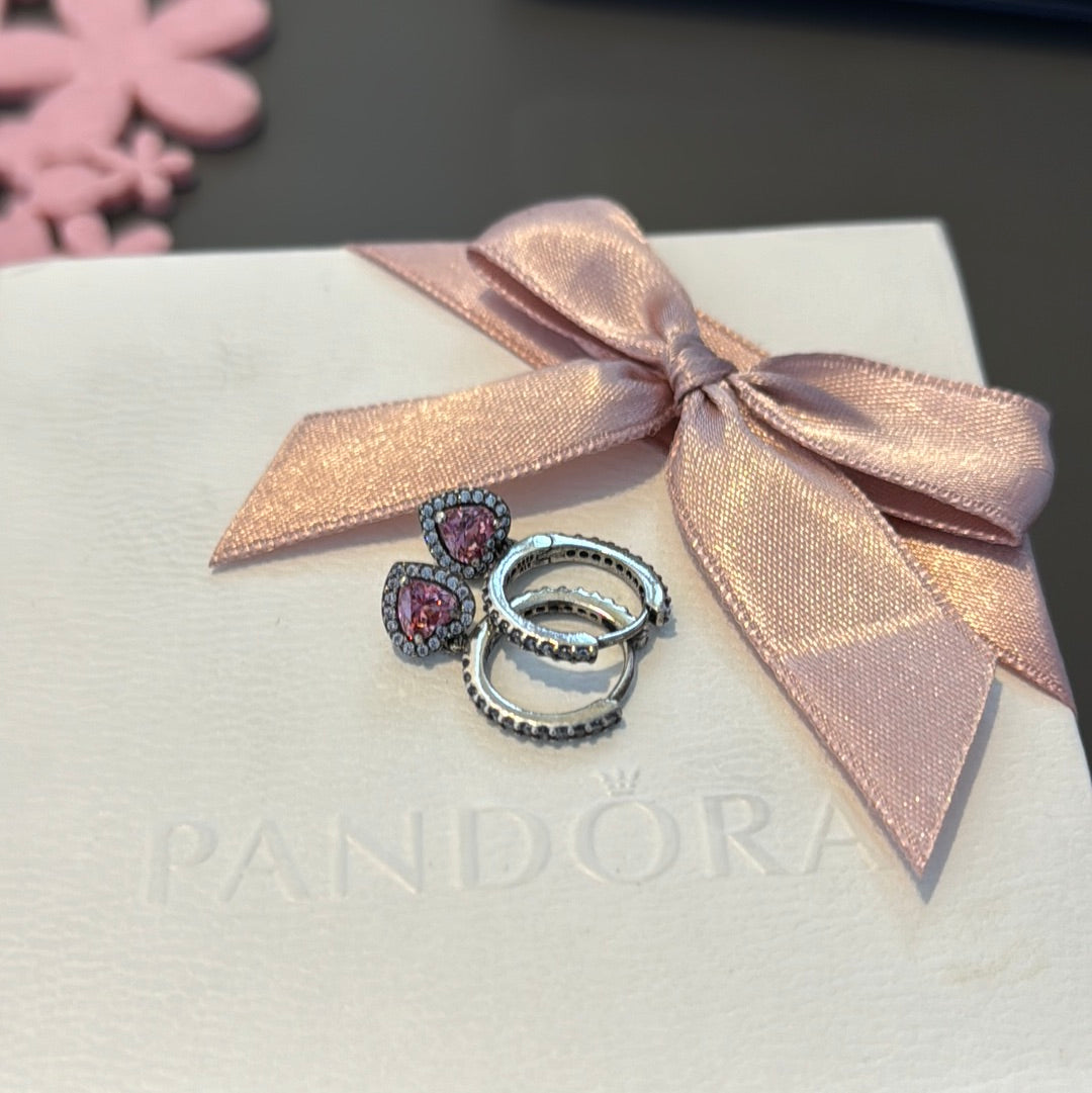 Genuine Pandora Pink CZ Heart Earrings Dangle Hoop