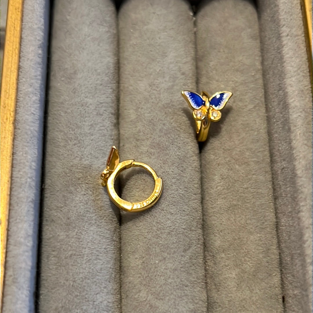 Brand New Gold Plated Small Hoop Earrings With Blue Pave Enamel Butterflies