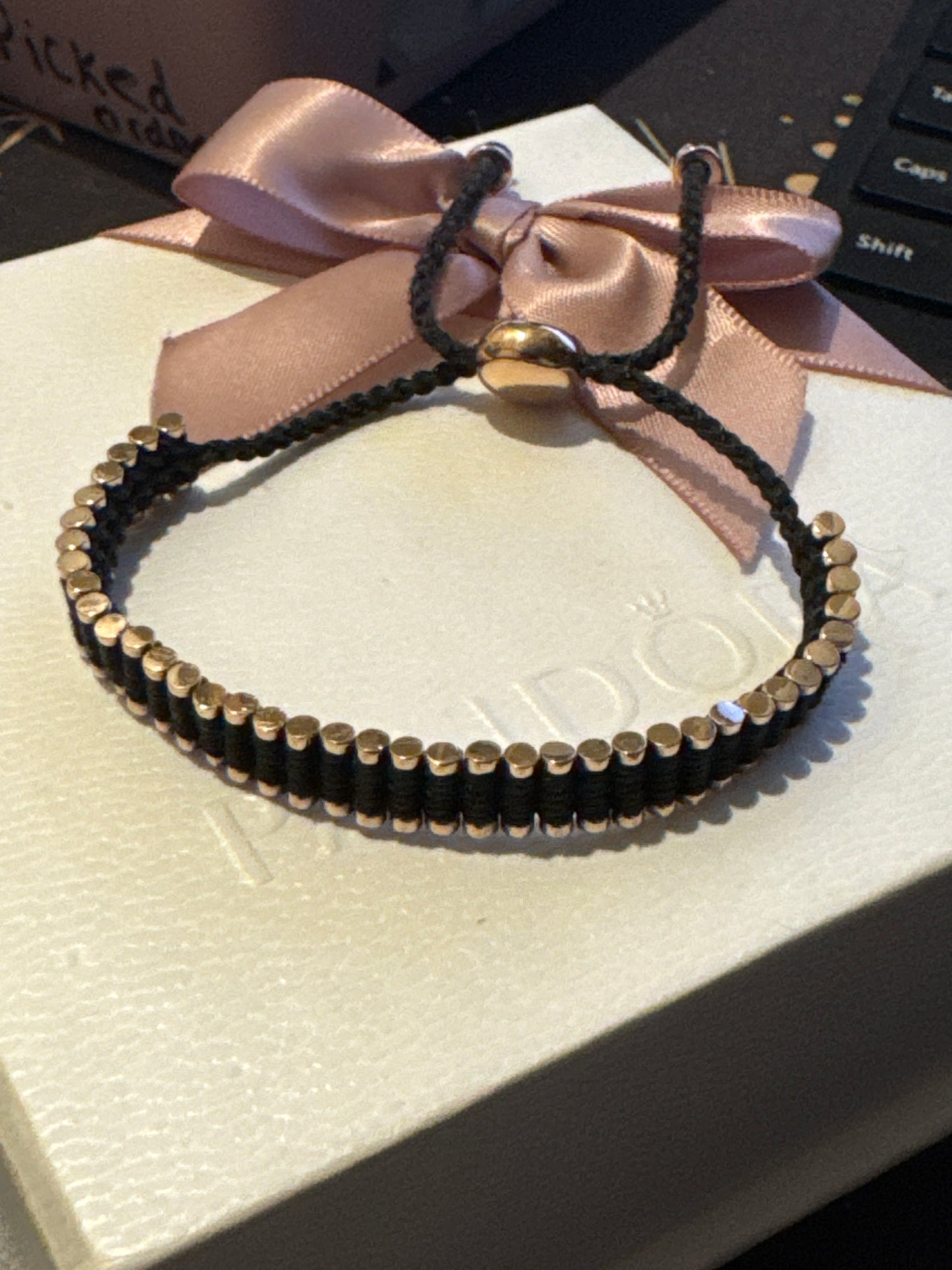 Genuine Links Of London Rose Gold Plated Friendship Bracelet Black