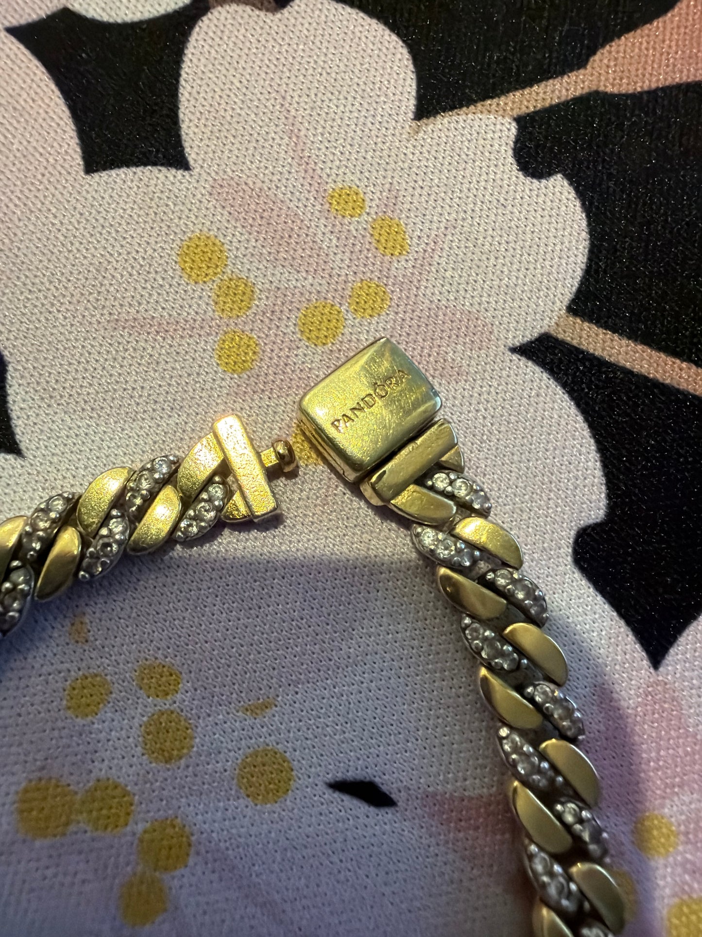 Genuine Pandora Pave Two Tone Cuban Chain Bracelet 18cm