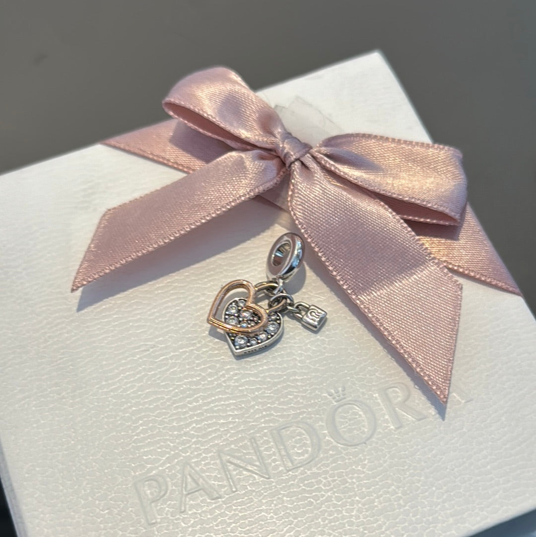 Genuine Pandora Rose Gold Double Pave Heart "Always Together" Dangle Charm