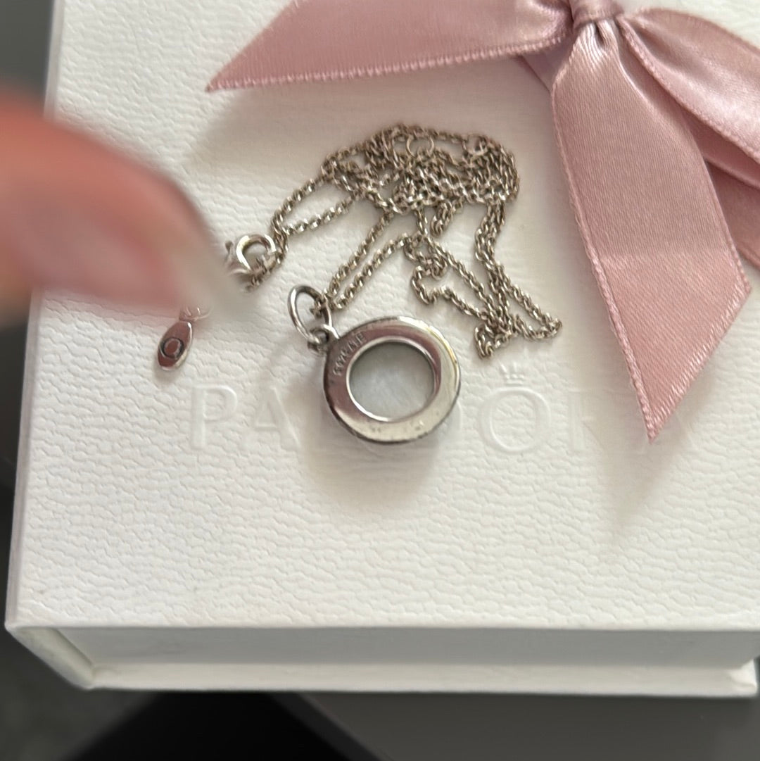 Genuine Pandora Two Tone Mother of Pearl Flower Signet Necklace RARE HTF