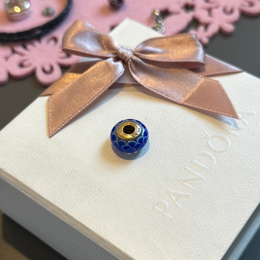 Genuine Pandora Solid 14ct Gold Blue Lotus Murano Charm HTF