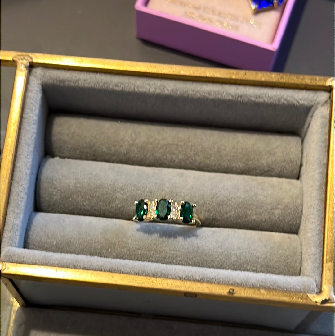 Brand New Gold Plated Pave Dark Green Emerald Oval CZ  Ring 52