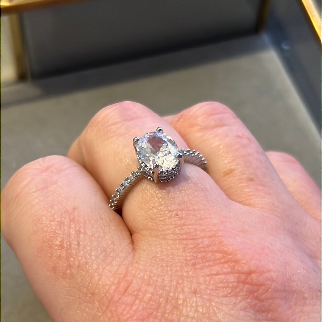 Brand New Silver Plated Pave CZ Oval Stone Ring 58