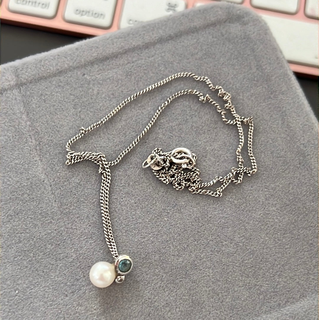 Sterling Silver Tiny Pearl Cz and Blue Stone Necklace 40cm Drop - Choker / Kids Length