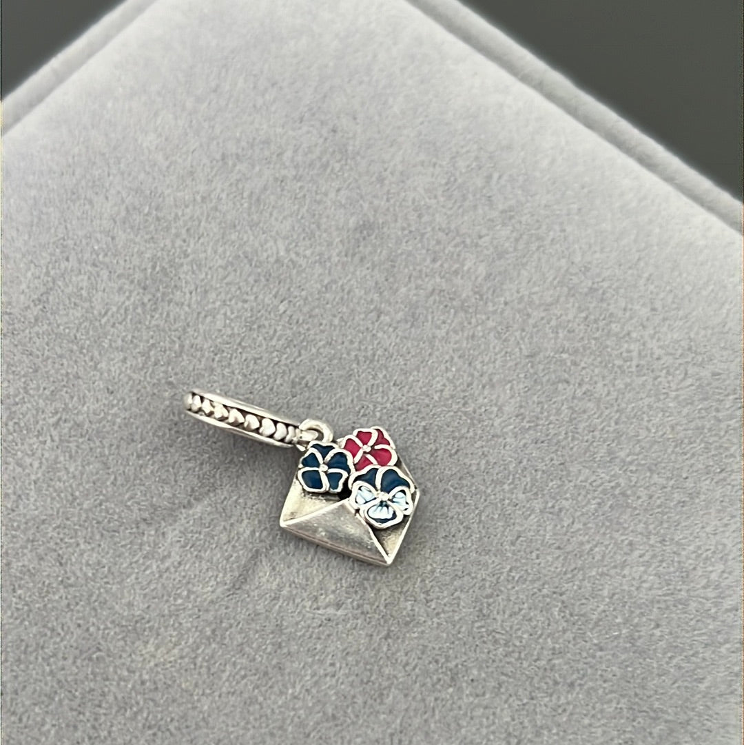 Genuine Pandora Enamel Flower Pansy Envelope Dangle Charm