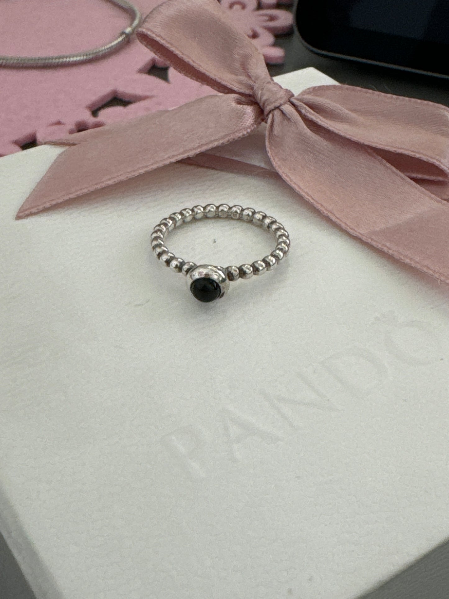 Genuine Pandora Onyx Black Beaded Cabochon Ring in Size 52