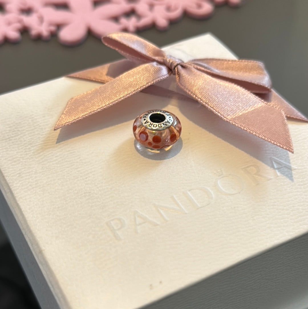 Genuine Pandora Murano Charm With Orange Dots Polka