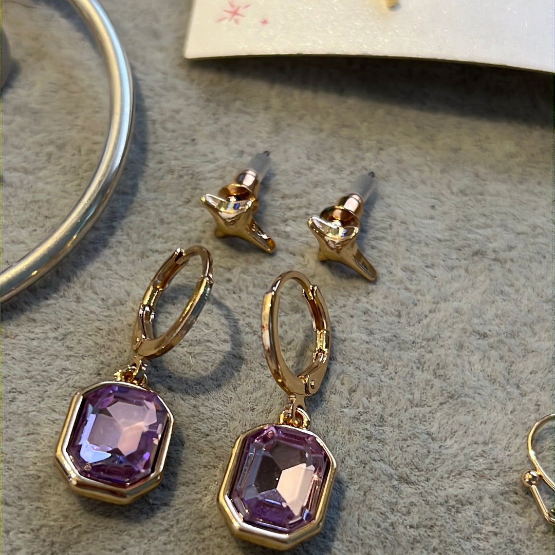 Brand New Gold Plated Pink Rectangle Dangle Earrings and Star Stud Set