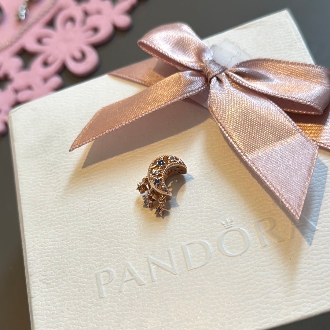 Genuine Pandora Rose Gold New Stars and Moon Dangle Openwork