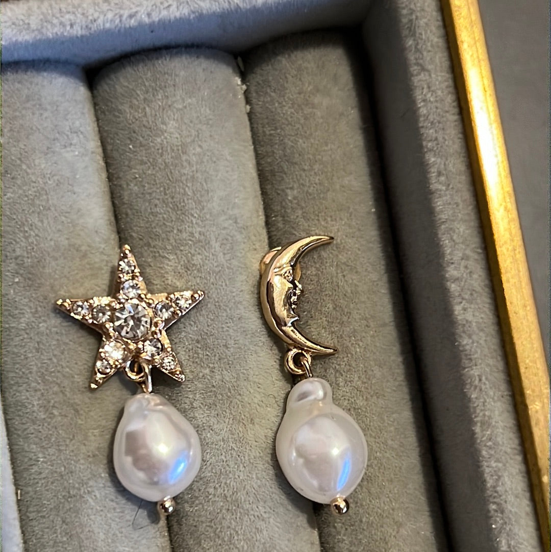 Brand New Pave Moon and Star Dangle Pearl Earrings